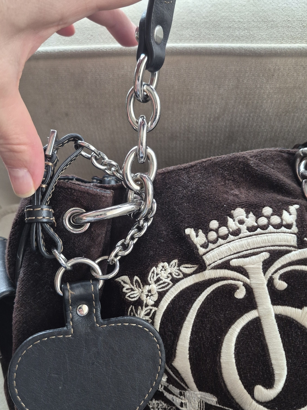 Vintage Juicy Couture Daydreamer Velour Tote Bag Brown Y2K Silver Crest Heart - Picture 10 of 17